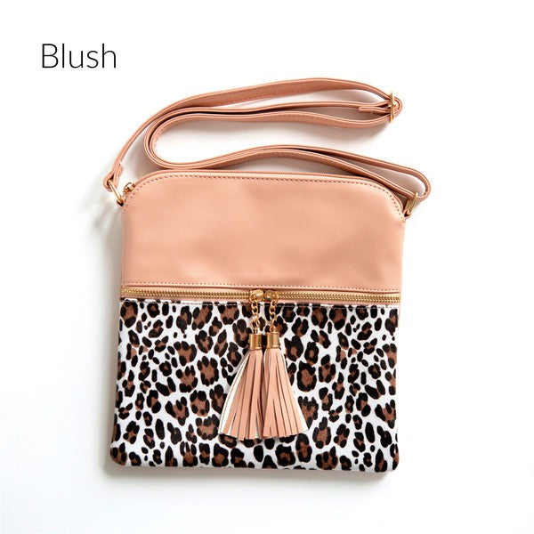 Miley Leopard Crossbody Handbag Vegan Leather Zipper Closure Adjustable Strap Inside Pocket 9x9 Inches