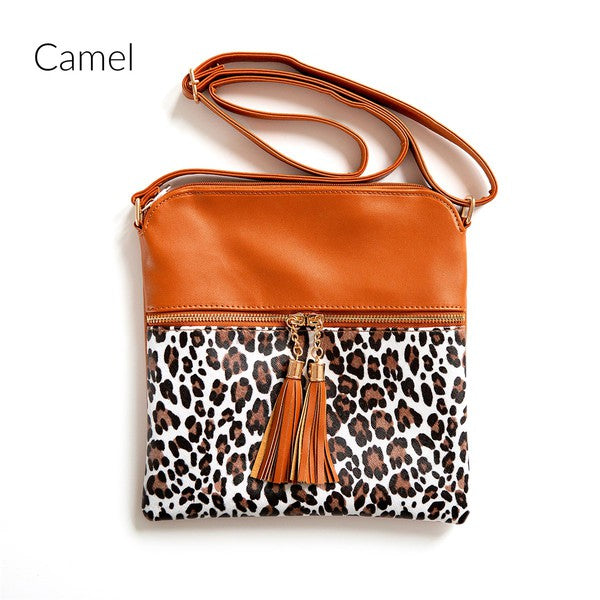 Miley Leopard Crossbody Handbag Vegan Leather Zipper Closure Adjustable Strap Inside Pocket 9x9 Inches