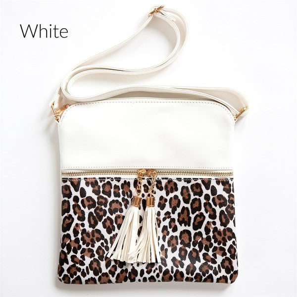Miley Leopard Crossbody Handbag Vegan Leather Zipper Closure Adjustable Strap Inside Pocket 9x9 Inches