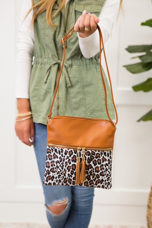 Miley Leopard Crossbody Handbag Vegan Leather Zipper Closure Adjustable Strap Inside Pocket 9x9 Inches