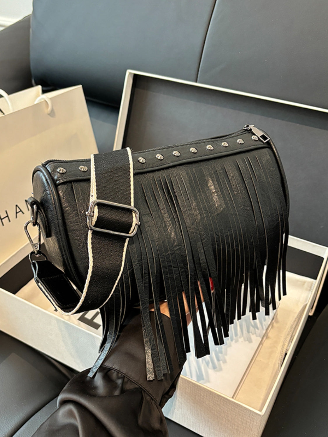 Vegan Leather Fringe Studded Crossbody Bag - Turn heads with this chic bag!