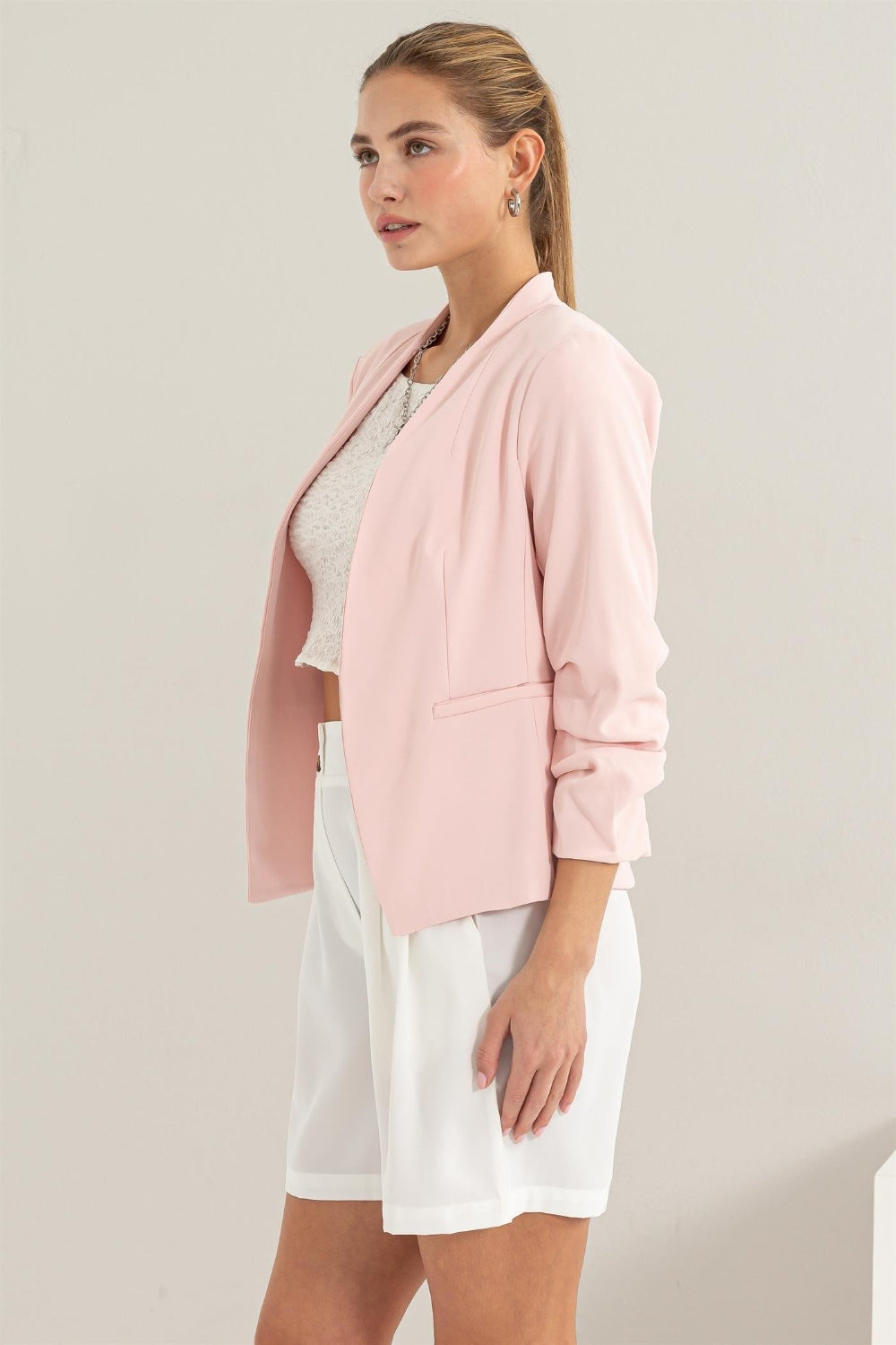 Women's Ruched Sleeve Blazer Open Front Cardigan Outwear Top