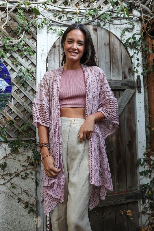 Floral Lace Textured Kimono Open Front Ankle Length 3/4 Sleeve Regular Fit