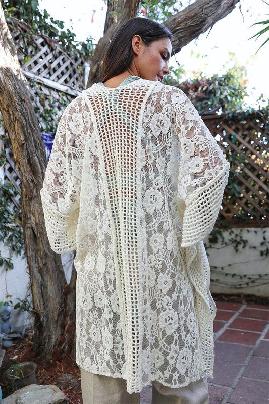 Floral Lace Textured Kimono Open Front Ankle Length 3/4 Sleeve Regular Fit