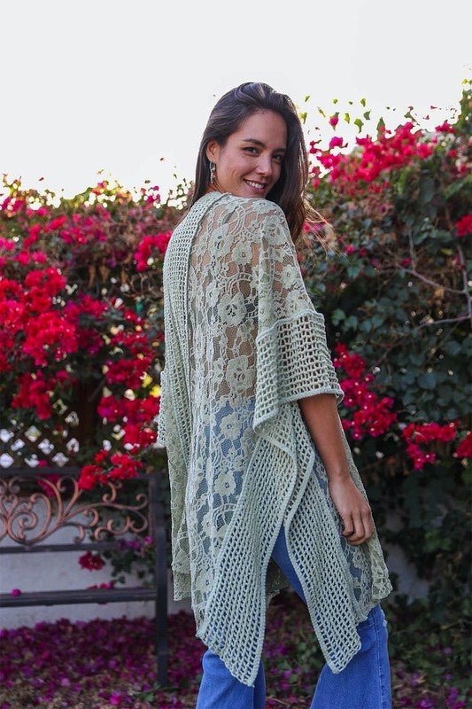 Floral Lace Textured Kimono Open Front Ankle Length 3/4 Sleeve Regular Fit