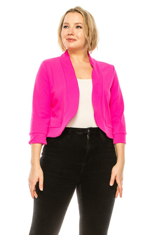 Plus Size Solid Waist Length Collarless Blazer Cardigan Open Front 3/4 Cuffed Sleeves