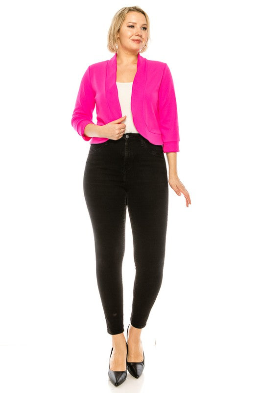 Plus Size Solid Waist Length Collarless Blazer Cardigan Open Front 3/4 Cuffed Sleeves