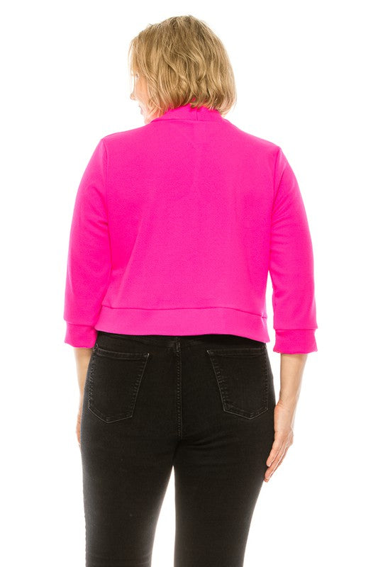 Plus Size Solid Waist Length Collarless Blazer Cardigan Open Front 3/4 Cuffed Sleeves