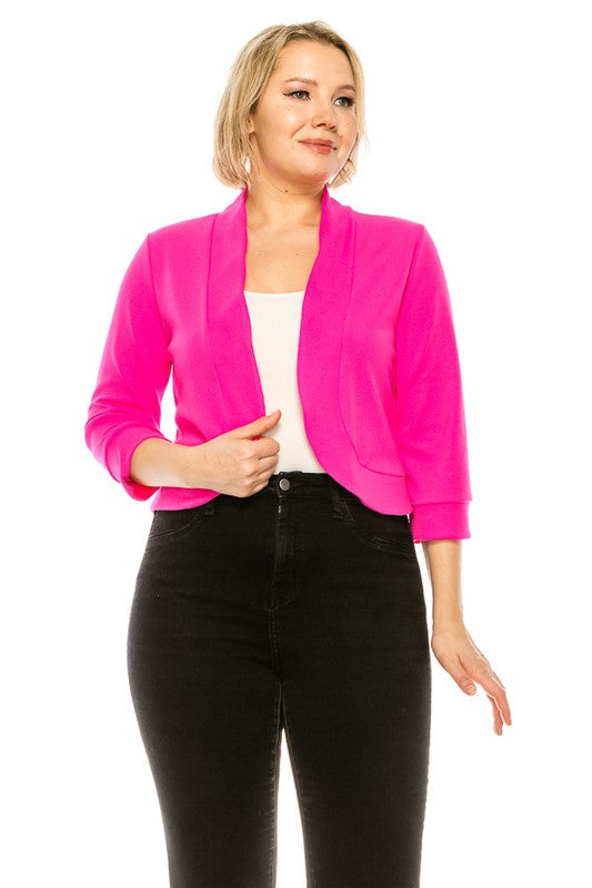 Plus Size Solid Waist Length Collarless Blazer Cardigan Open Front 3/4 Cuffed Sleeves