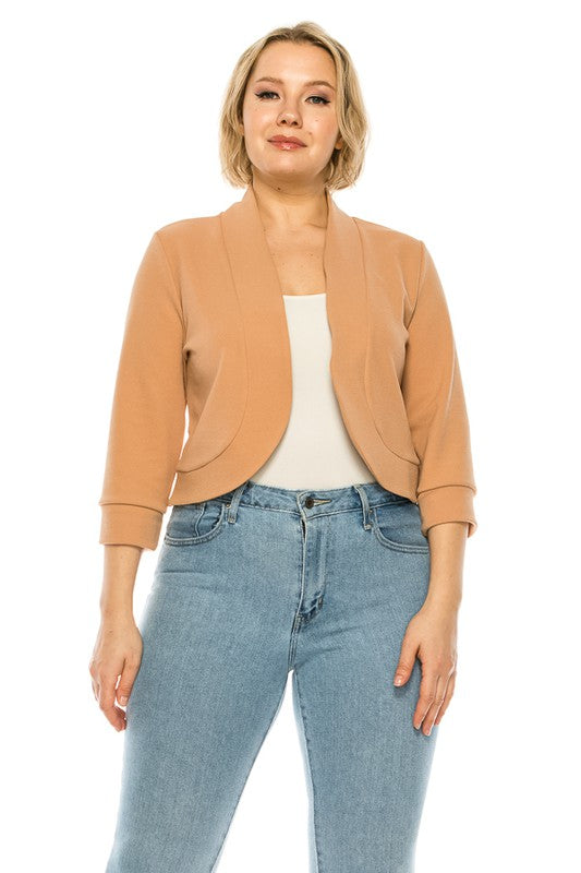 Plus Size Solid Waist Length Collarless Blazer Cardigan Open Front 3/4 Cuffed Sleeves