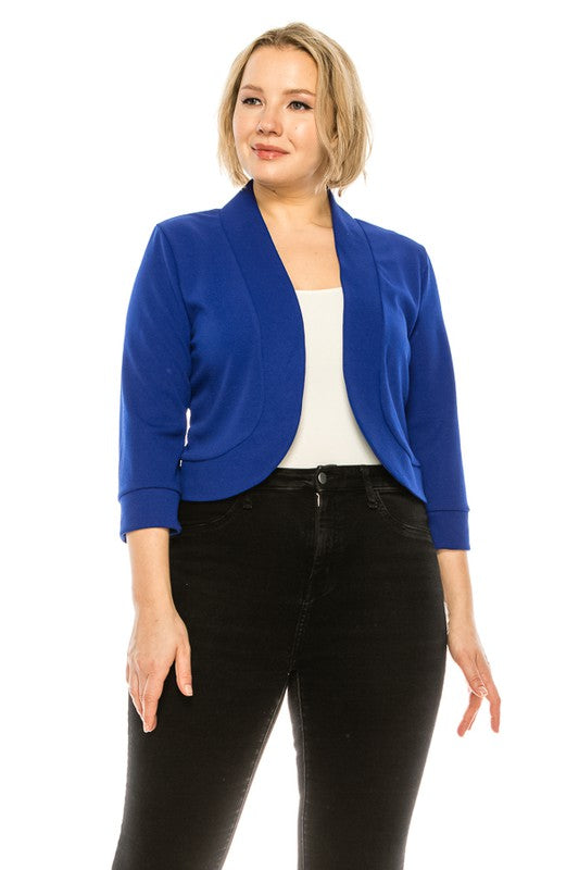 Plus Size Solid Waist Length Collarless Blazer Cardigan Open Front 3/4 Cuffed Sleeves