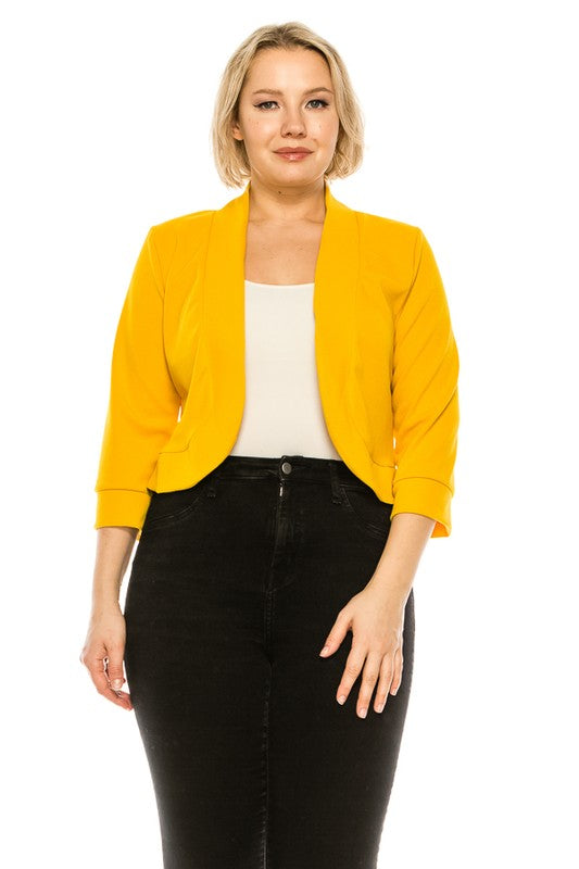 Plus Size Solid Waist Length Collarless Blazer Cardigan Open Front 3/4 Cuffed Sleeves