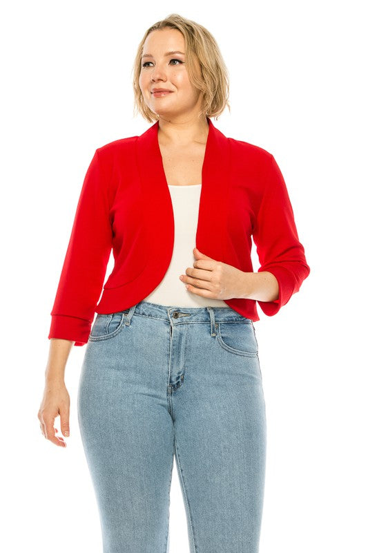Plus Size Solid Waist Length Collarless Blazer Cardigan Open Front 3/4 Cuffed Sleeves