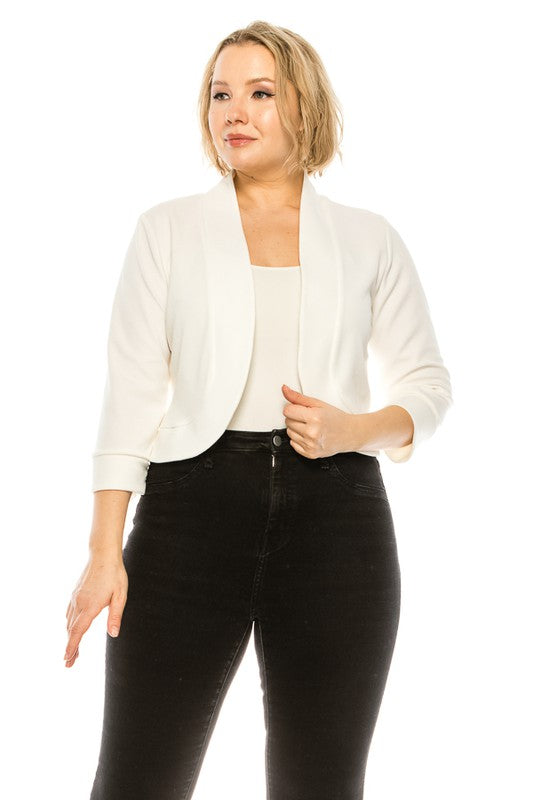 Plus Size Solid Waist Length Collarless Blazer Cardigan Open Front 3/4 Cuffed Sleeves