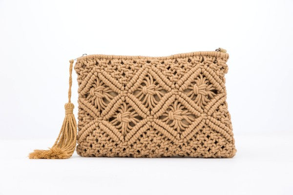 Macrame Clutch with Zip Closure and Inside Open Pocket, Tassel Accent, 10x2x7.5 Inches