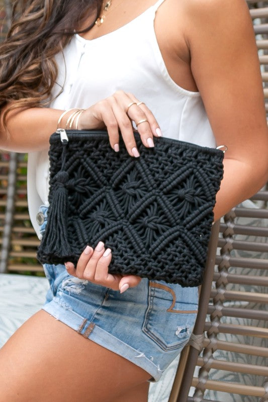 Macrame Clutch with Zip Closure and Inside Open Pocket, Tassel Accent, 10x2x7.5 Inches