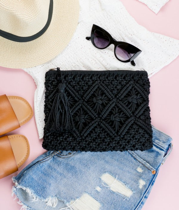 Macrame Clutch with Zip Closure and Inside Open Pocket, Tassel Accent, 10x2x7.5 Inches