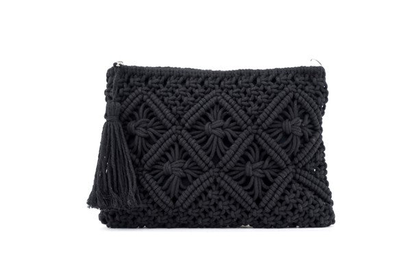 Macrame Clutch with Zip Closure and Inside Open Pocket, Tassel Accent, 10x2x7.5 Inches
