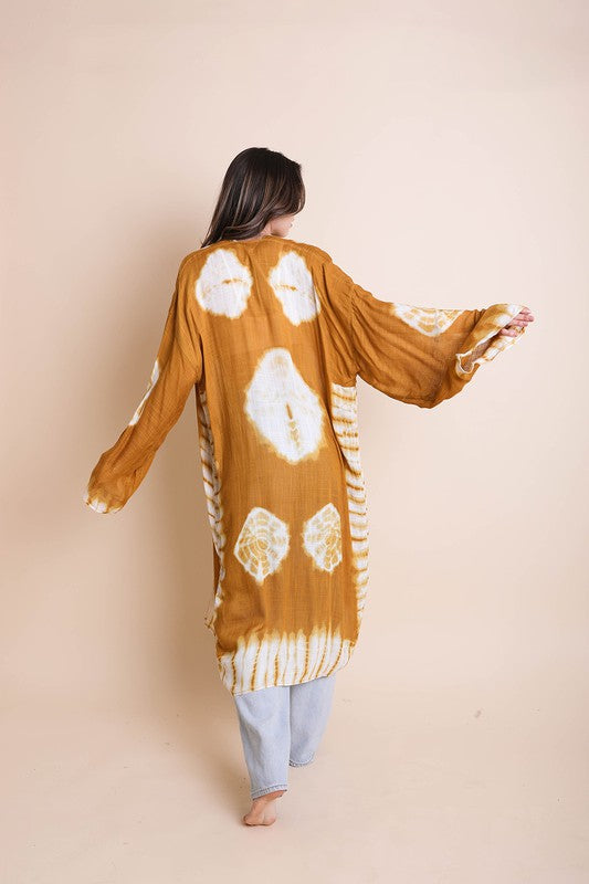 Tie-Dye Polyester Longline Kimono Open Front Maxi with Long Sleeves