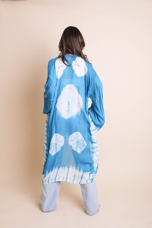 Tie-Dye Polyester Longline Kimono Open Front Maxi with Long Sleeves