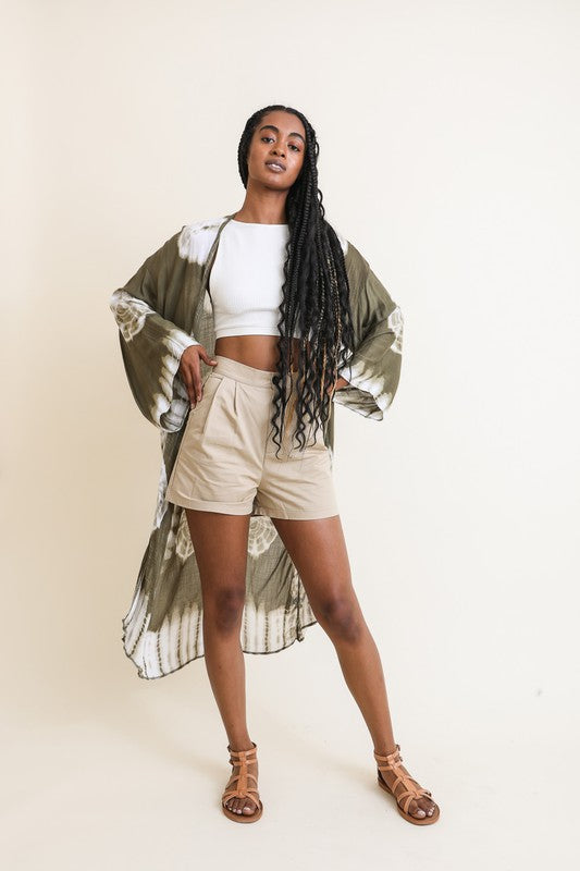 Tie-Dye Polyester Longline Kimono Open Front Maxi with Long Sleeves