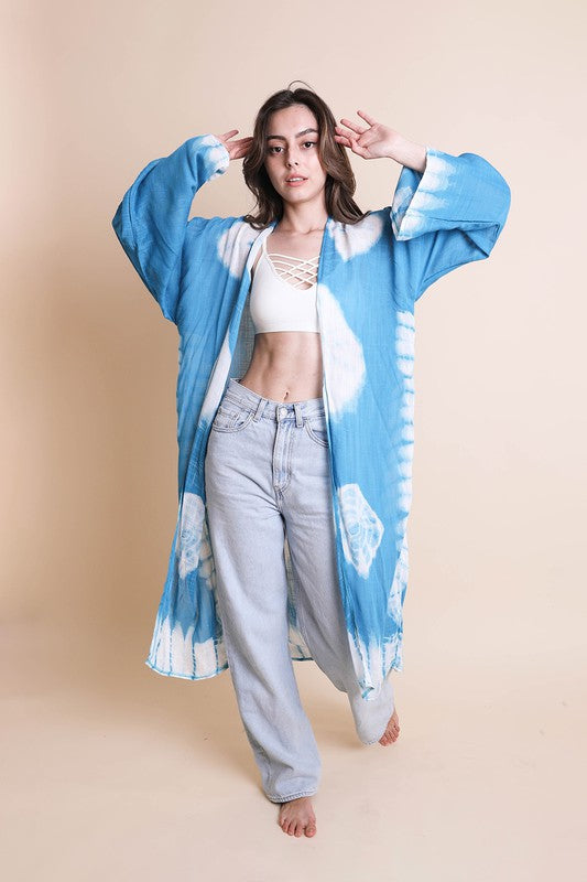 Tie-Dye Polyester Longline Kimono Open Front Maxi with Long Sleeves