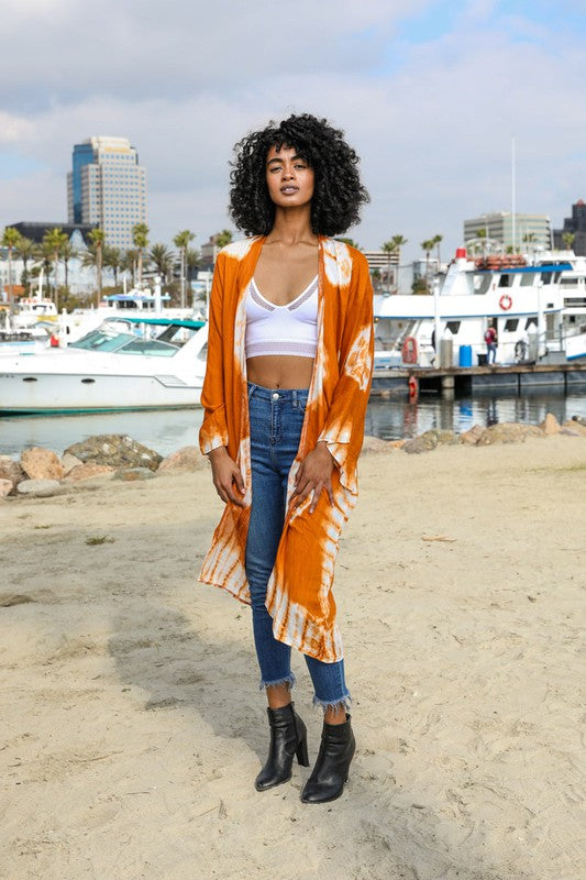 Tie-Dye Polyester Longline Kimono Open Front Maxi with Long Sleeves