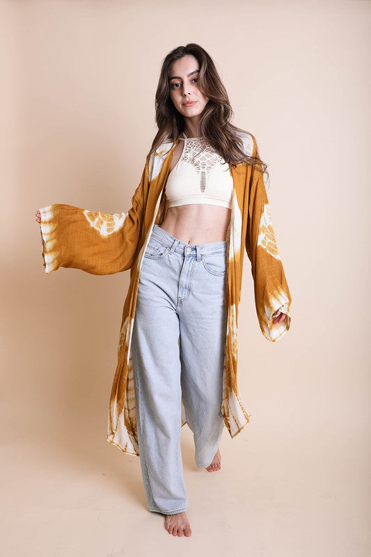 Tie-Dye Polyester Longline Kimono Open Front Maxi with Long Sleeves
