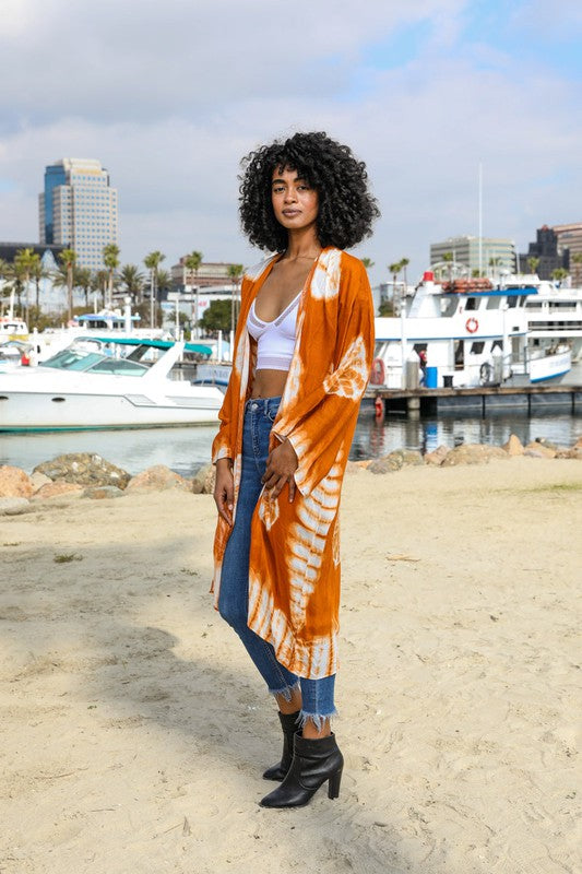 Tie-Dye Polyester Longline Kimono Open Front Maxi with Long Sleeves