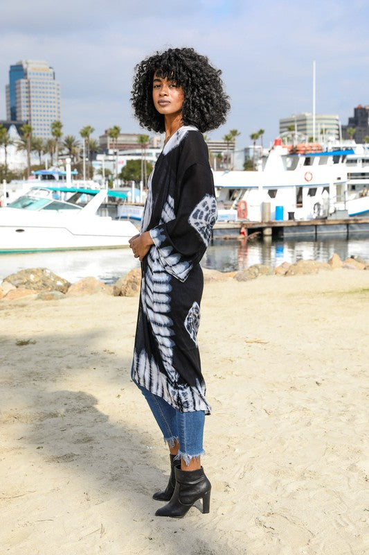 Tie-Dye Polyester Longline Kimono Open Front Maxi with Long Sleeves