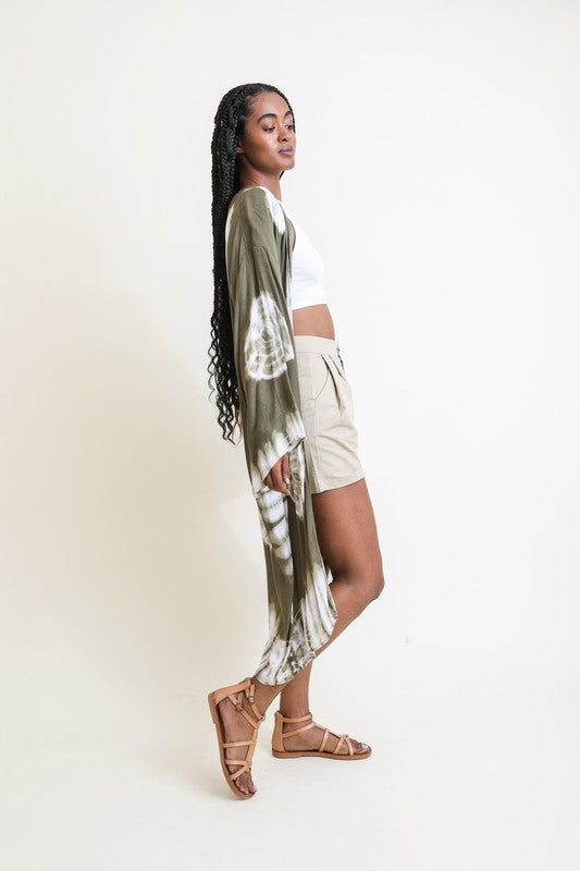 Tie-Dye Polyester Longline Kimono Open Front Maxi with Long Sleeves