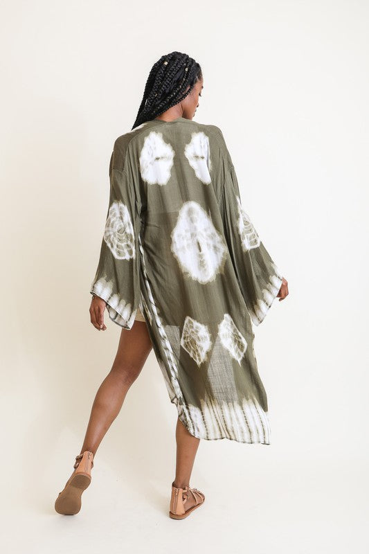 Tie-Dye Polyester Longline Kimono Open Front Maxi with Long Sleeves
