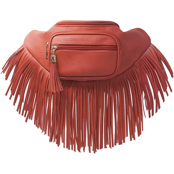 Fanny Pack Waist Bag Faux Leather Zip Closure Adjustable Strap Fringe