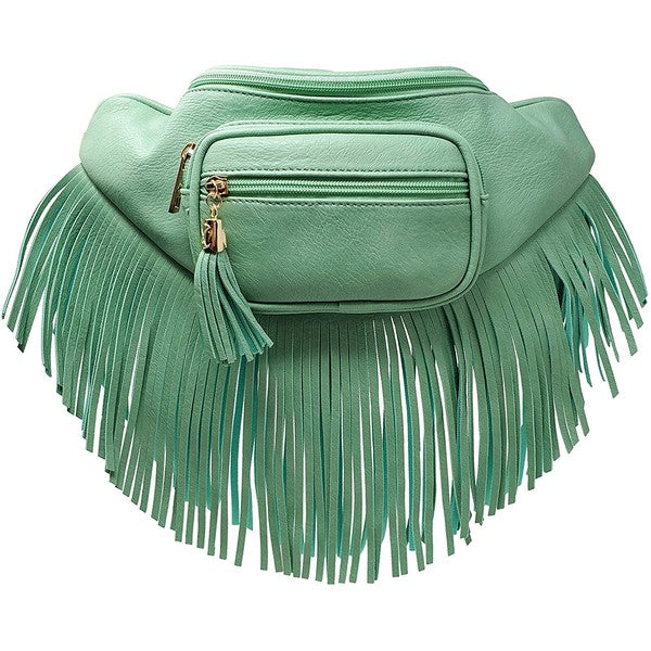 Fanny Pack Waist Bag Faux Leather Zip Closure Adjustable Strap Fringe