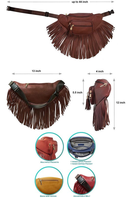 Fanny Pack Waist Bag Faux Leather Zip Closure Adjustable Strap Fringe