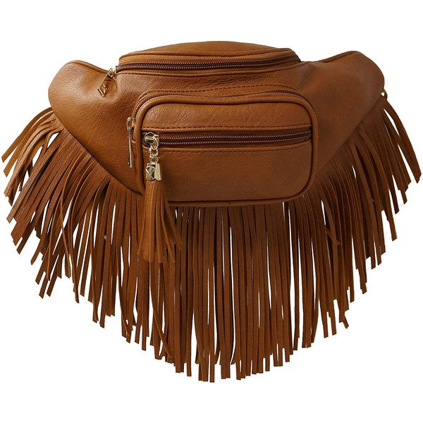 Fanny Pack Waist Bag Faux Leather Zip Closure Adjustable Strap Fringe