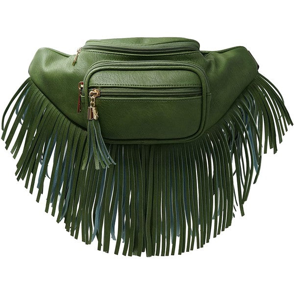 Fanny Pack Waist Bag Faux Leather Zip Closure Adjustable Strap Fringe