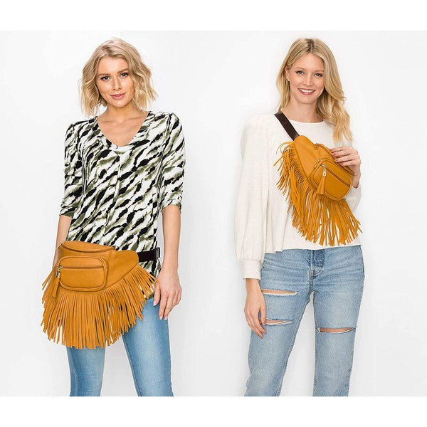 Fanny Pack Waist Bag Faux Leather Zip Closure Adjustable Strap Fringe