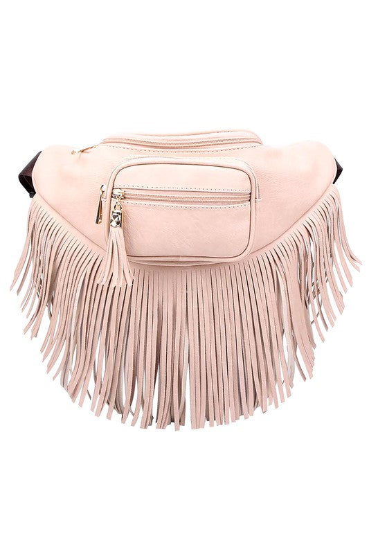 Fanny Pack Waist Bag Faux Leather Zip Closure Adjustable Strap Fringe