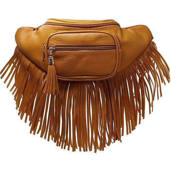 Fanny Pack Waist Bag Faux Leather Zip Closure Adjustable Strap Fringe
