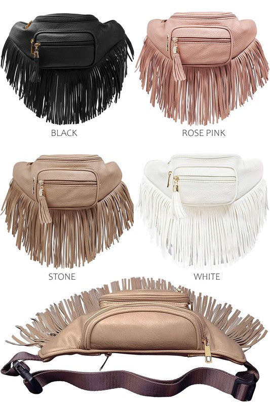 Fanny Pack Waist Bag Faux Leather Zip Closure Adjustable Strap Fringe