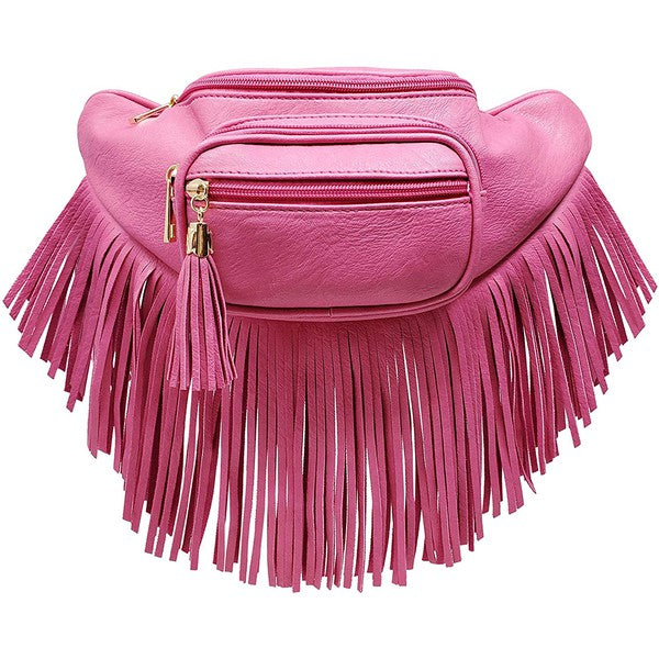 Fanny Pack Waist Bag Faux Leather Zip Closure Adjustable Strap Fringe