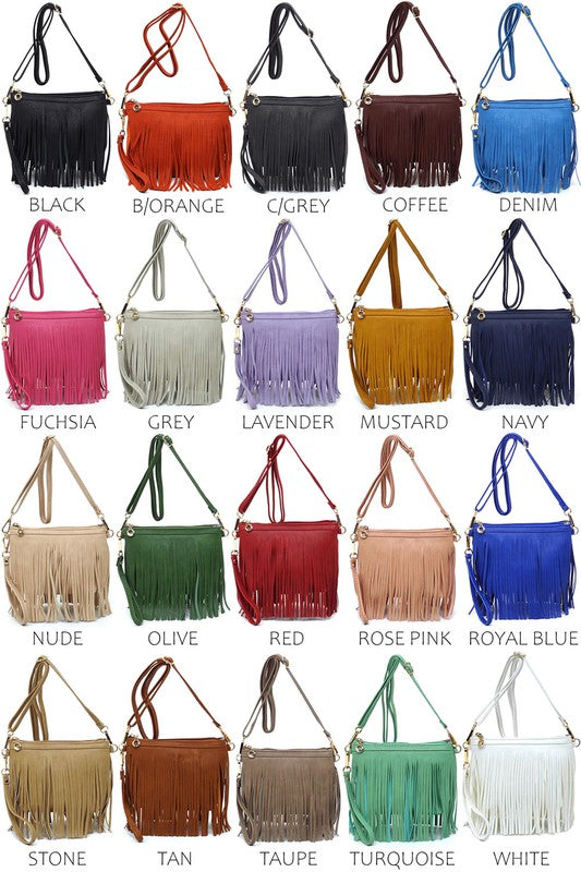 Western Fringe Crossbody Bag Faux Leather Zip Top Detachable Strap
