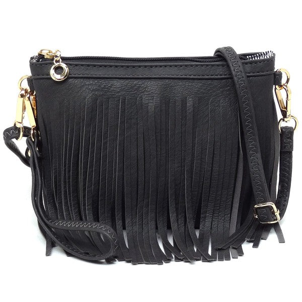 Western Fringe Crossbody Bag Faux Leather Zip Top Detachable Strap