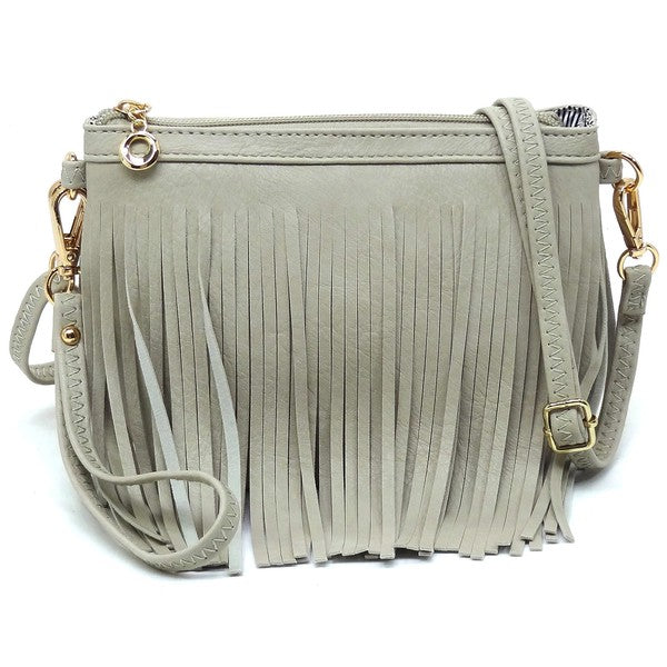 Western Fringe Crossbody Bag Faux Leather Zip Top Detachable Strap