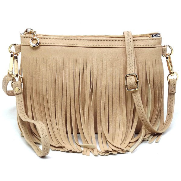 Western Fringe Crossbody Bag Faux Leather Zip Top Detachable Strap