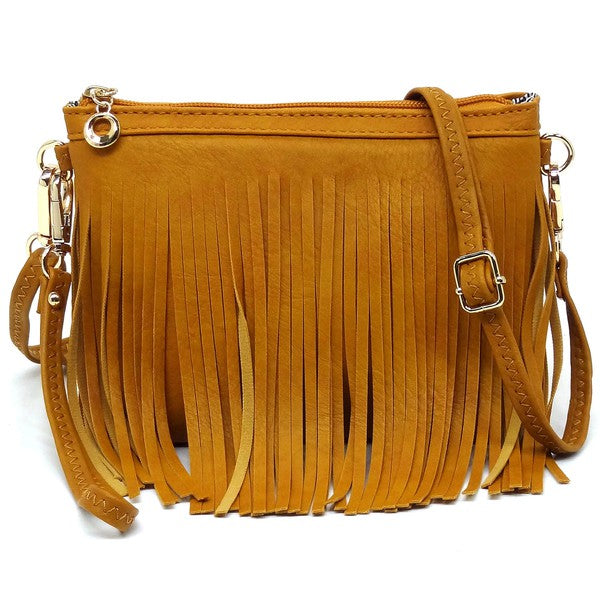 Western Fringe Crossbody Bag Faux Leather Zip Top Detachable Strap