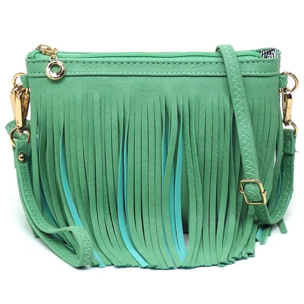 Western Fringe Crossbody Bag Faux Leather Zip Top Detachable Strap
