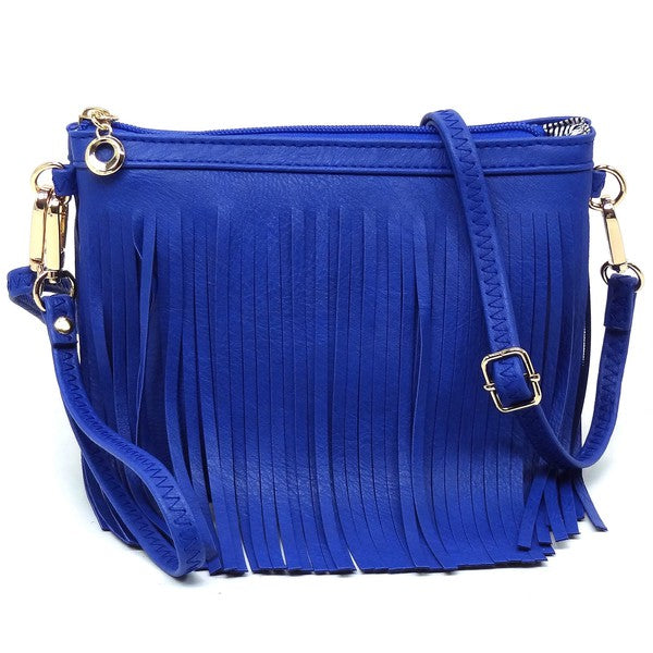Western Fringe Crossbody Bag Faux Leather Zip Top Detachable Strap