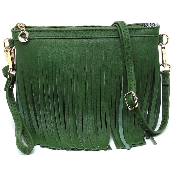 Western Fringe Crossbody Bag Faux Leather Zip Top Detachable Strap